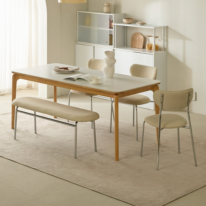 파로마 리샤르 세라믹 원목식탁 6인용 세트 1800 방문설치, 내추럴(프레임), 내추럴화이트(상판), 화이트(벤치, 의자), 일반 3 + 벤치 1