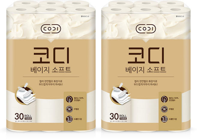 코디 베이지소프트 3겹 천연펄프 롤화장지, 30m, 30개입, 2개
