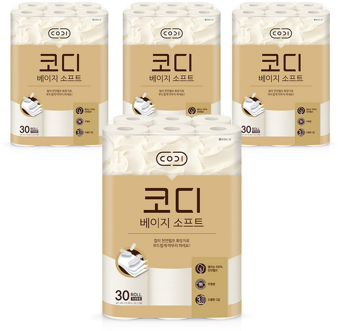 코디 베이지소프트 3겹 천연펄프 롤화장지, 30m, 30개입, 4개