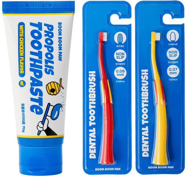 붐붐포 반려동물 초미세모 소프트 브러쉬 칫솔 2종 + 치약 닭고기향 70g 세트, 1세트