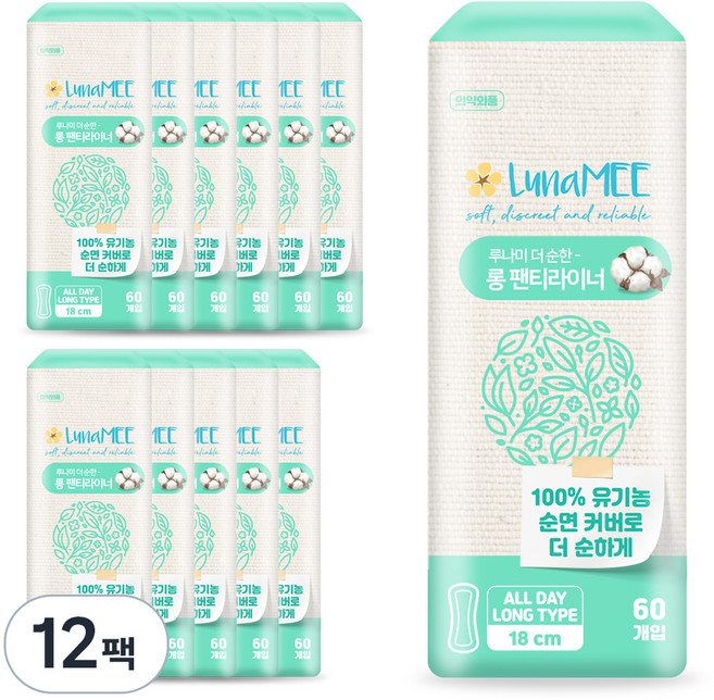 루나미 더 순한 롱 팬티라이너, 60개입, 12개