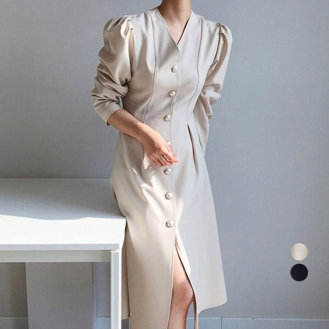 페이퍼먼츠 브이넥 퍼프 버튼 핀턱 롱 라인 원피스 12950