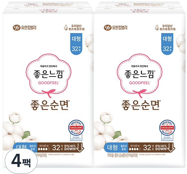 좋은느낌 순면 생리대 날개형, 대형, 32개입, 4개