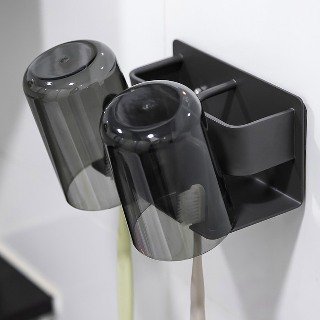 리빙공감 무타공 칫솔꽂이 면도기 치약 걸이 + 양치컵 세트 2구, 그레이, 1개