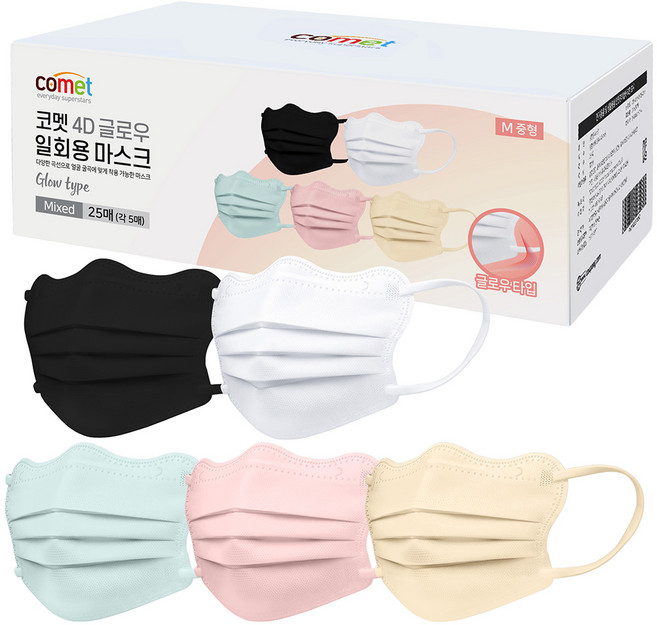 코멧 날카롭고 각진 얼굴형을 보완 해주는 4D 글로우 일회용 마스크 개별포장 중형, 1개입, 25개, 혼합색상