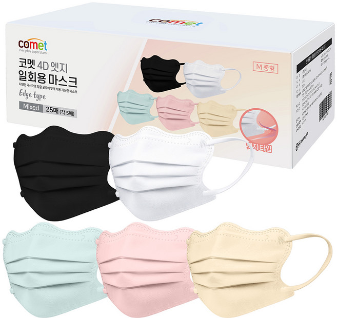 코멧 둥근 얼굴형을 보완 해주는 4D 엣지 일회용 마스크 개별포장 중형, 25개입, 1개, 혼합색상
