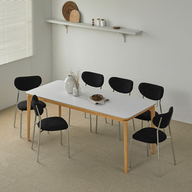 파로마 리샤르 세라믹 원목식탁 1800 + 의자6p 세트 6인용 방문설치, 내추럴(프레임), 내추럴화이트(상판), 블랙(의자)