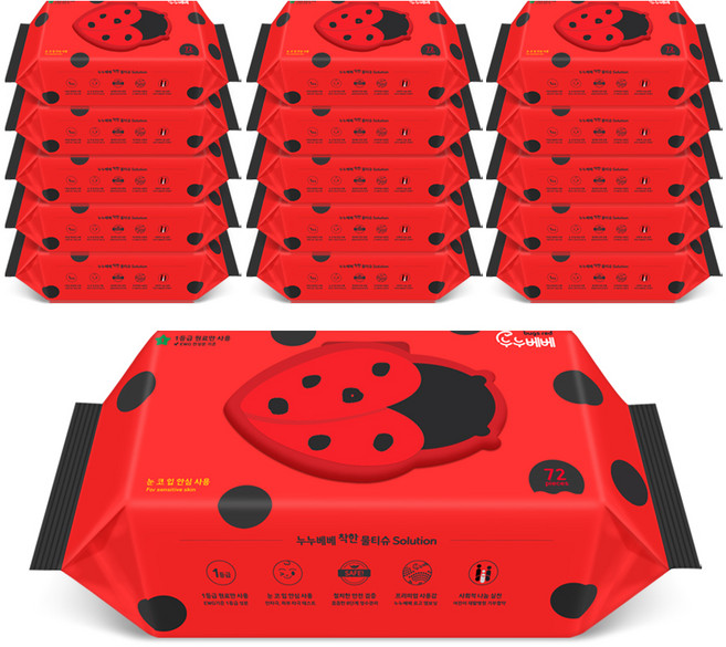 누누베베 벅스 레드 물티슈 캡형, 65g, 72매, 16개