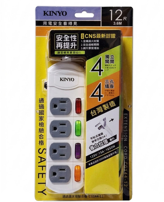 Kinyo 4開4插安全延長線 3孔, 1個, 3.6m