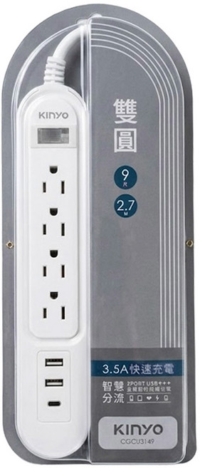 Kinyo 雙圓1開4插 延長用電源線組 附USB插座 3孔, 2.7m, 白色, 1條