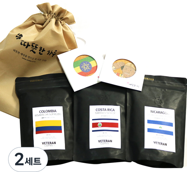 베테랑 원두커피 240g x 3종 세트 C 일반용 + 강뉴부대 컵받침, 홀빈(분쇄안함), 720g, 2세트