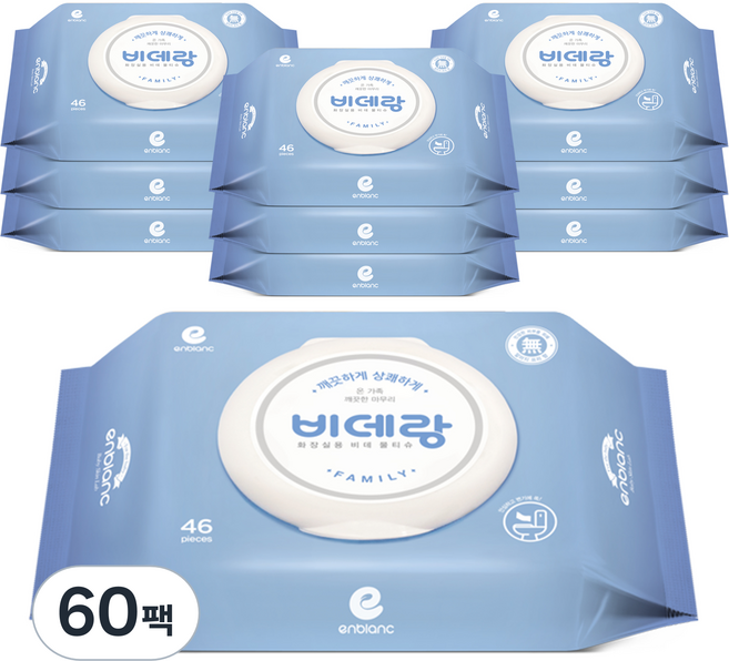 앙블랑 비데랑 패밀리 비데티슈 캡형, 60g, 46매, 60개