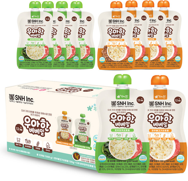 우아한 베베밀 오트밀 아기이유식 한우불고기 100g x 5p + 한우미역 100g x 5p 세트, 1세트