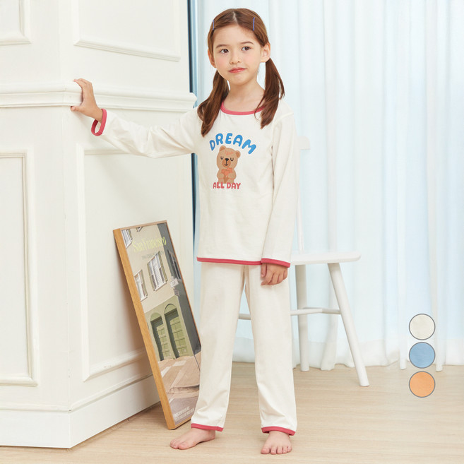 롤리트리 아동용 30수 싱글 솔리드 배색 포인트 9부 실내복 상하의 세트