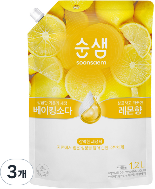 순샘 베이킹소다 레몬 주방세제 리필, 1.2L, 3개