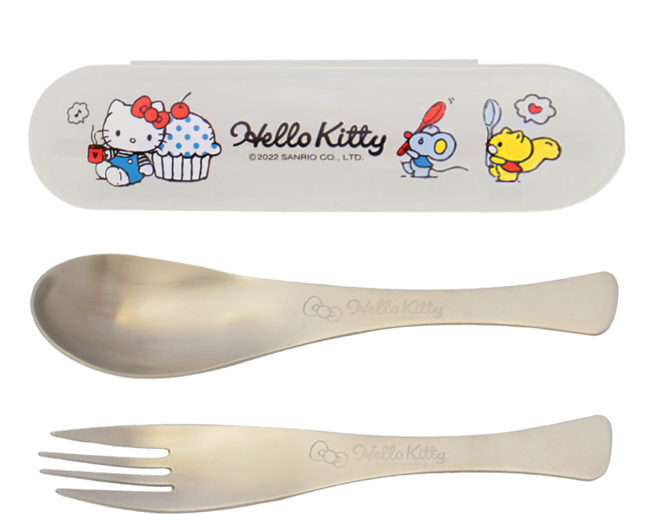 OTTO 崴昇 Hello Kitty 凱蒂貓 不鏽鋼環保餐具3件組, 湯匙 + 叉子 + 收納盒, 蛋糕款 多色, 1組