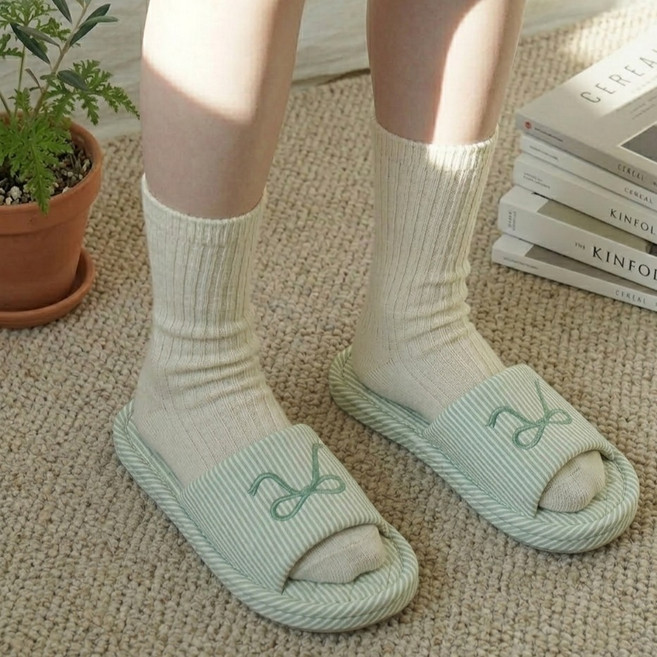 노크노크 3중쿠션 면 실내화, 1세트, 그린 리본