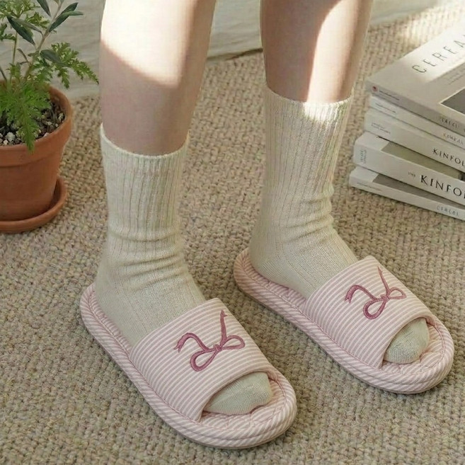 노크노크 3중쿠션 면 실내화, 2세트, 핑크리본