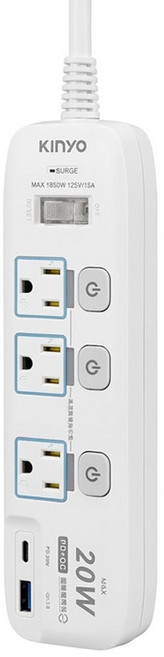 Kinyo 4開3插PD + QC高溫斷電延長線, 2.7m, 白色, 1條