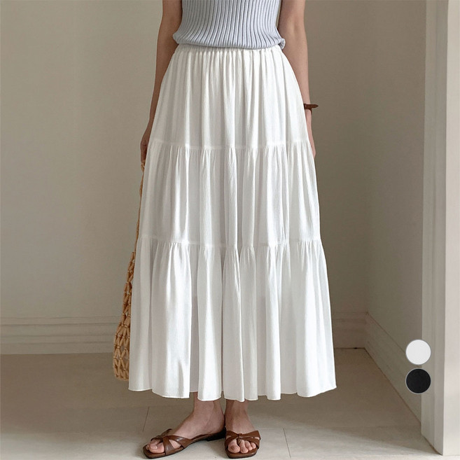 아피나르 여성용 크링클 풀밴딩 티어드 롱 스커트