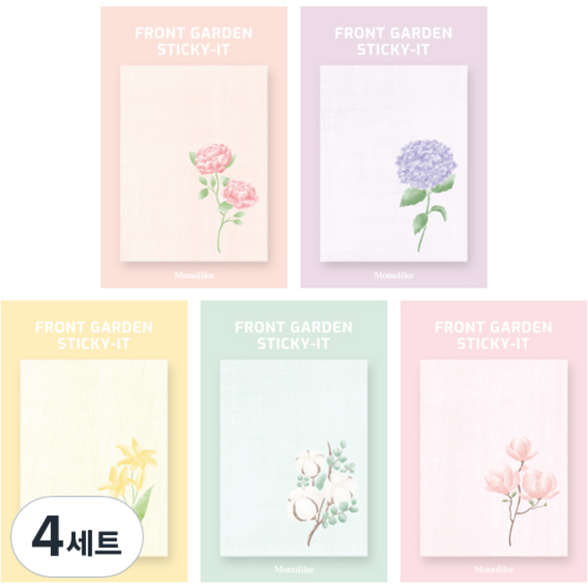 모노라이크 스티키 점착메모지 프론트가든 5종 세트, Peony, Hydrangea, Lily, Cotton, Magnolia, 4세트