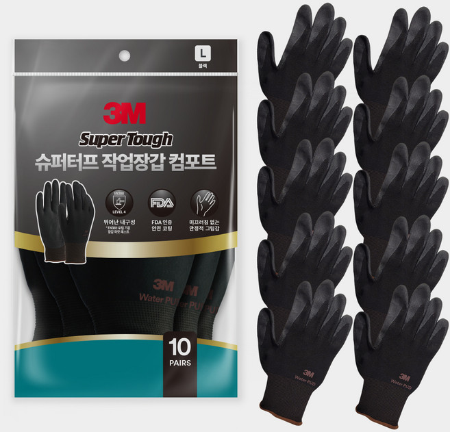 3M Super Tough 舒適工作手套 左右手通用 10組, 黑色, 1套