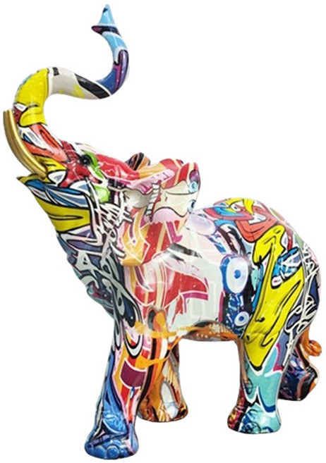 SC優選 塗鴉炫彩大象擺件創意樹脂工藝品 15 x 7 x 18.5cm, 格紋小象 多色