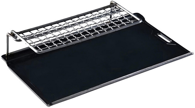 UNIFLAME 小煎盤 約25 x 14.7 x 6cm 鐵板黑皮4.5mm厚加工 烤架不銹鋼, 黑色 + 銀色, 1個