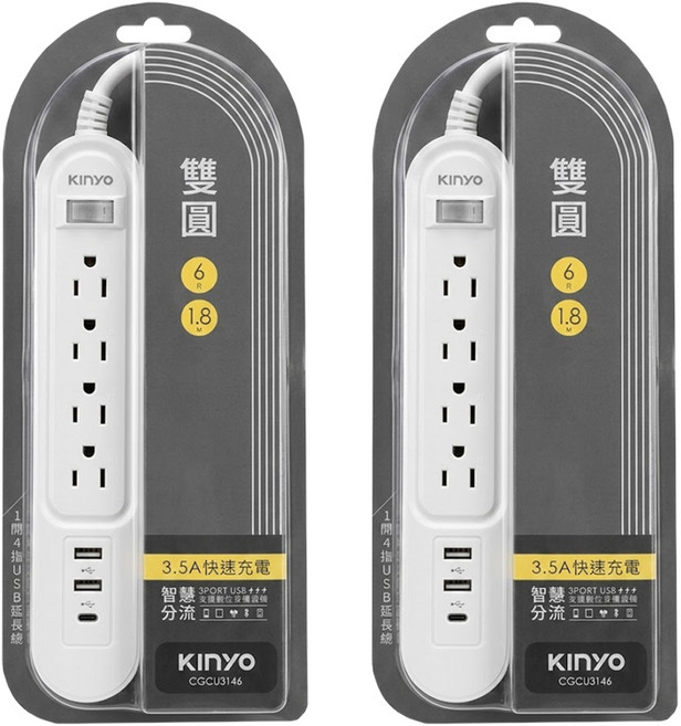 Kinyo 雙圓1開4插USB延長線6尺 CGCU3146, 1.8m, 白色, 2條
