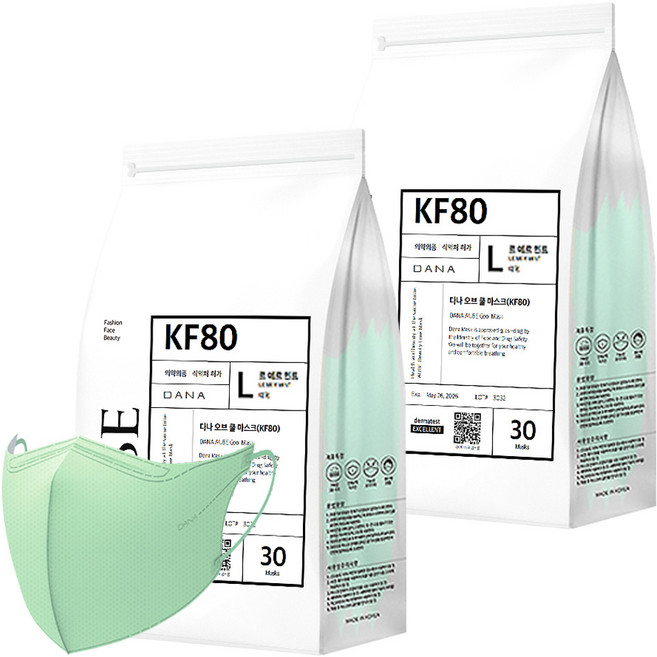 다나마스크 오브 쿨 뷰티라인 마스크 대형 KF80, 30개입, 2개, 8 르 메르 민트