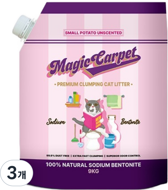 매직카펫 고양이 모래 작은입자, 9kg, 3개, 무향
