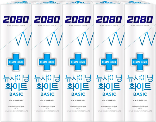 2080 덴탈크리닉 뉴샤이닝 화이트 베이직 치약, 140g, 5개