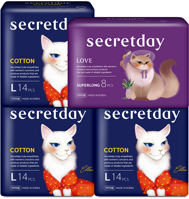 시크릿데이 생리대 코튼 대형 14p x 3팩 + 러브 슈퍼롱 오버나이트 8p, 1세트