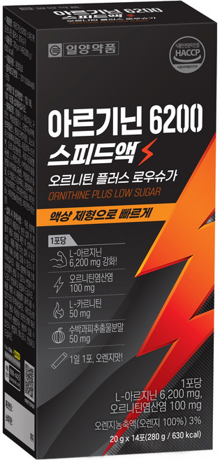 일양약품 아르기닌 6200 스피드액 오르니틴 플러스 로우 슈가 14p, 280g, 1개