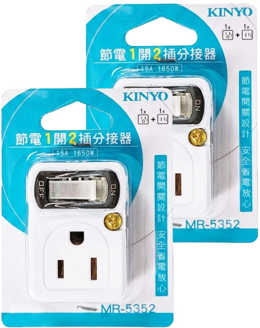 Kinyo 節電1開2插分接器 2孔 + 3孔 MR-5352, 白色, 2個, 54mm