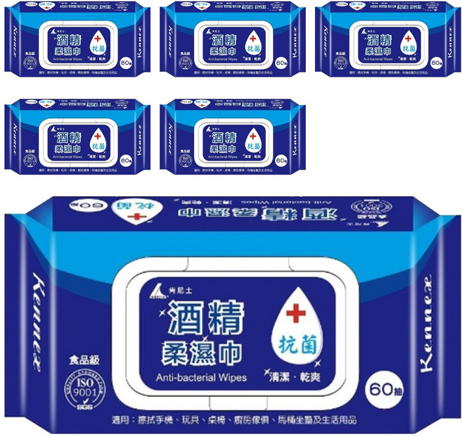 KENNEX 肯尼士 酒精柔溼巾 60抽 清潔乾爽 加蓋設計 獨立抽取 水刺無紡布 柔軟舒適 溫和配方, 1入, 6包