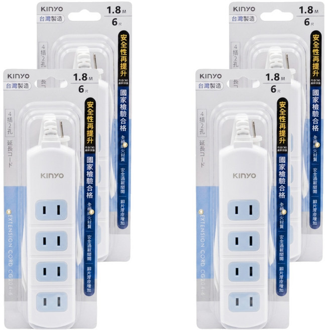 Kinyo 4插延長用電源線 2孔, 1.8m, 白色, 4個
