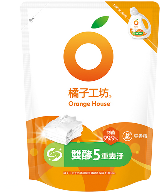 Orange House 橘子工坊 天然濃縮制菌雙酵洗衣精 補充包, 1.5L, 1包