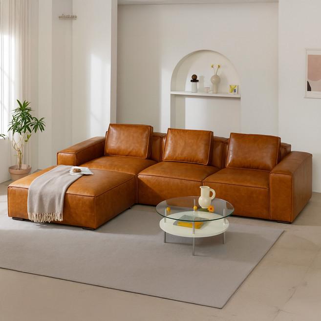 베이지메이트 브릴로 4인용 가죽소파 + 스툴 세트 방문설치, 카멜