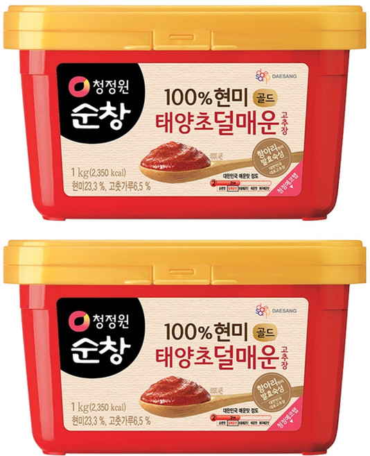 청정원순창 100% 현미 태양초 덜매운 고추장 골드, 1kg, 2개