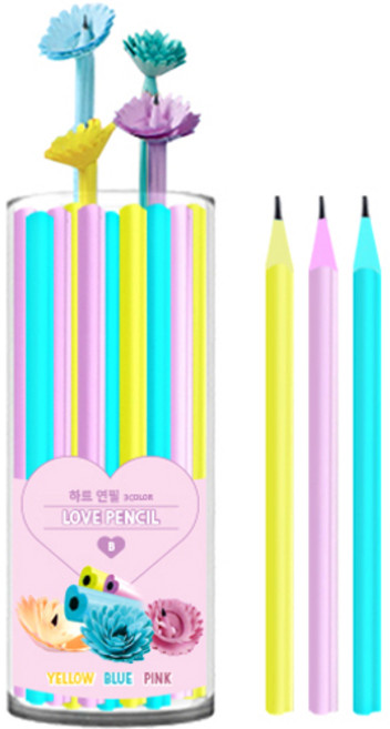 영아트 플라워 연필 B 하트, 핑크, 블루, 옐로우, 30개