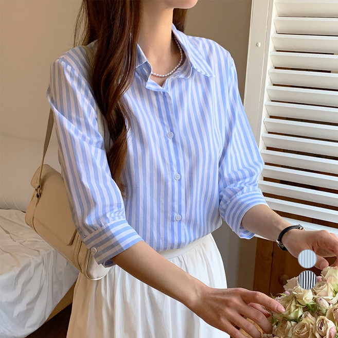 아피나르 여성용 베이직 7부 스트라이프 코튼 셔츠