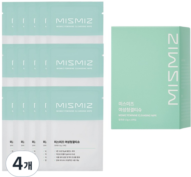 미스미즈 페미닌 약산성 Y존 케어 여성청결티슈 15p, 97.5g, 4개