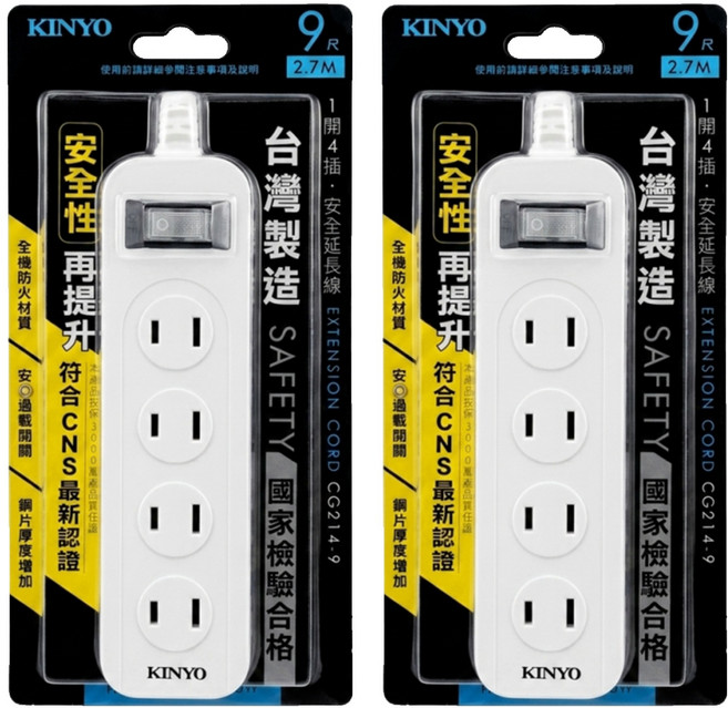 Kinyo 延長線 1開4插 CG-214-9, 2.7m, 白色, 2條