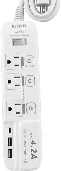 Kinyo 高溫斷電延長線 3孔 4開3插 3USB 475g, 1.8m, 白色, 1條