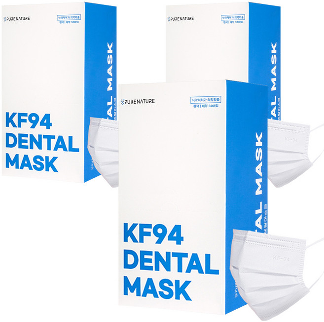 Purenature 덴탈형 피부 저자극 황사용마스크 대형 성인용 KF94, 30개입, 3개, 화이트