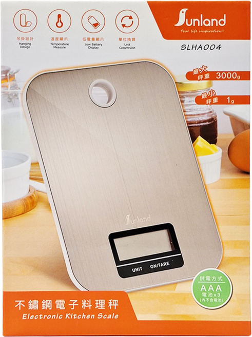 Sunland 不鏽鋼電子料理秤 本體220 x 160 x 17mm 螢幕60 x 22mm 304g, 3kg, SLHA004, 不鏽鋼