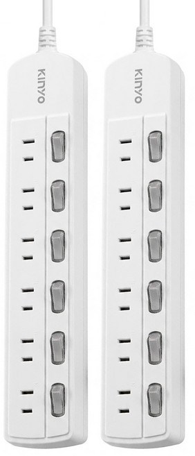 Kinyo 2PIN延長線 6開6插 CG266-9, 2.7m, 白色, 2個