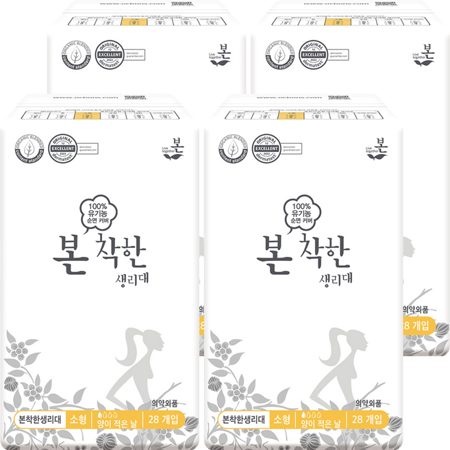 유기농본 착한 생리대 날개형, 소형, 28개입, 4개