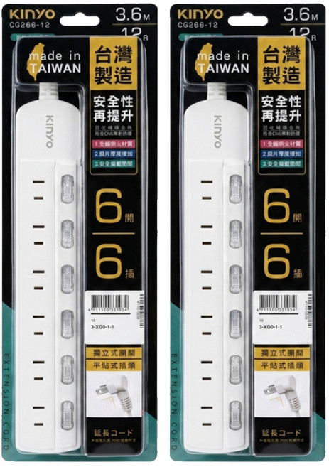 Kinyo 2PIN延長線 6開6插 12尺, 3.6m, 白色, 2個